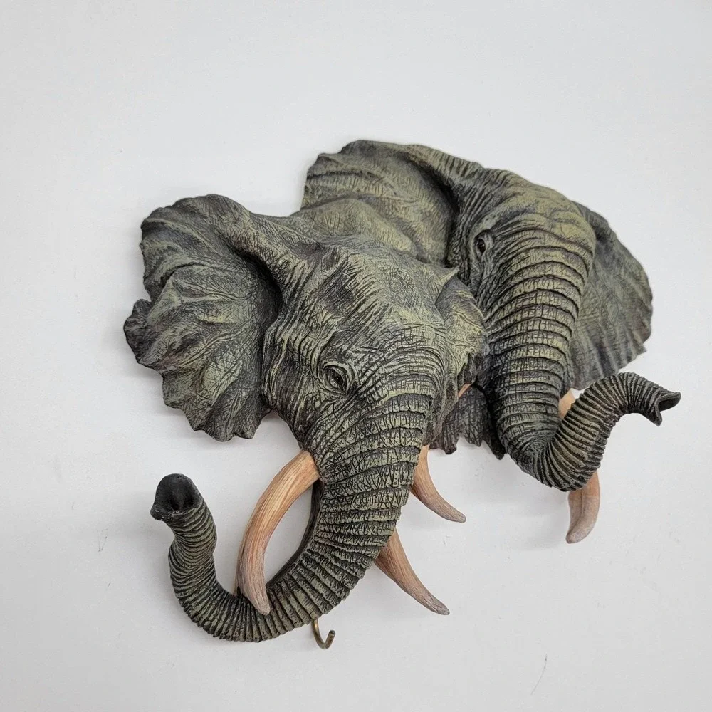 Elephant Head Wall Hanging Statue Key Hanger 3D Resin Life Like EUC